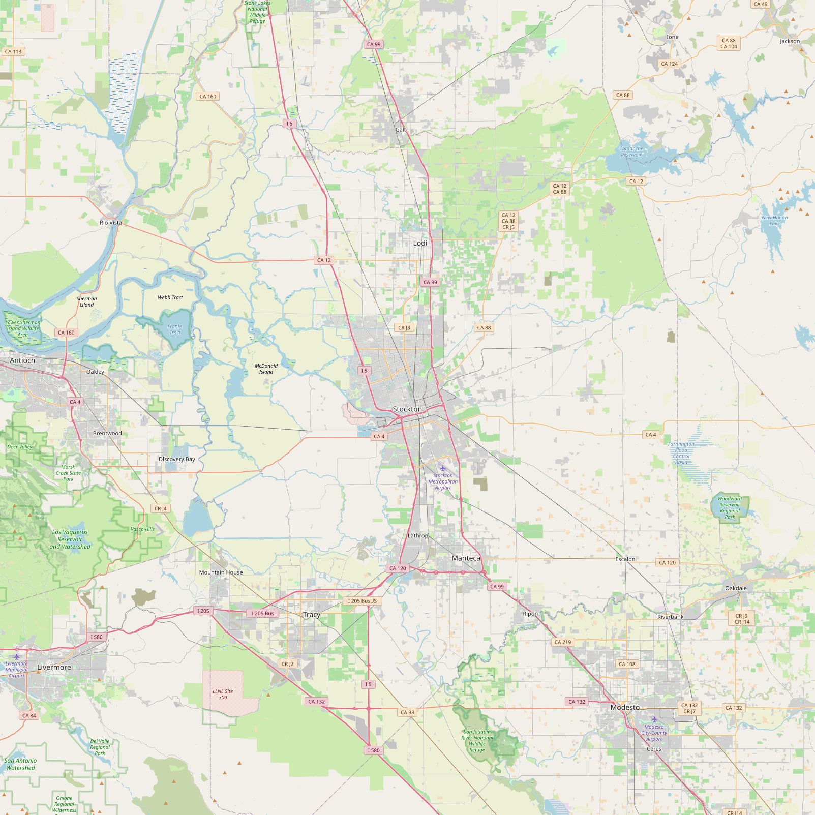 Road map centered on Stockton, California