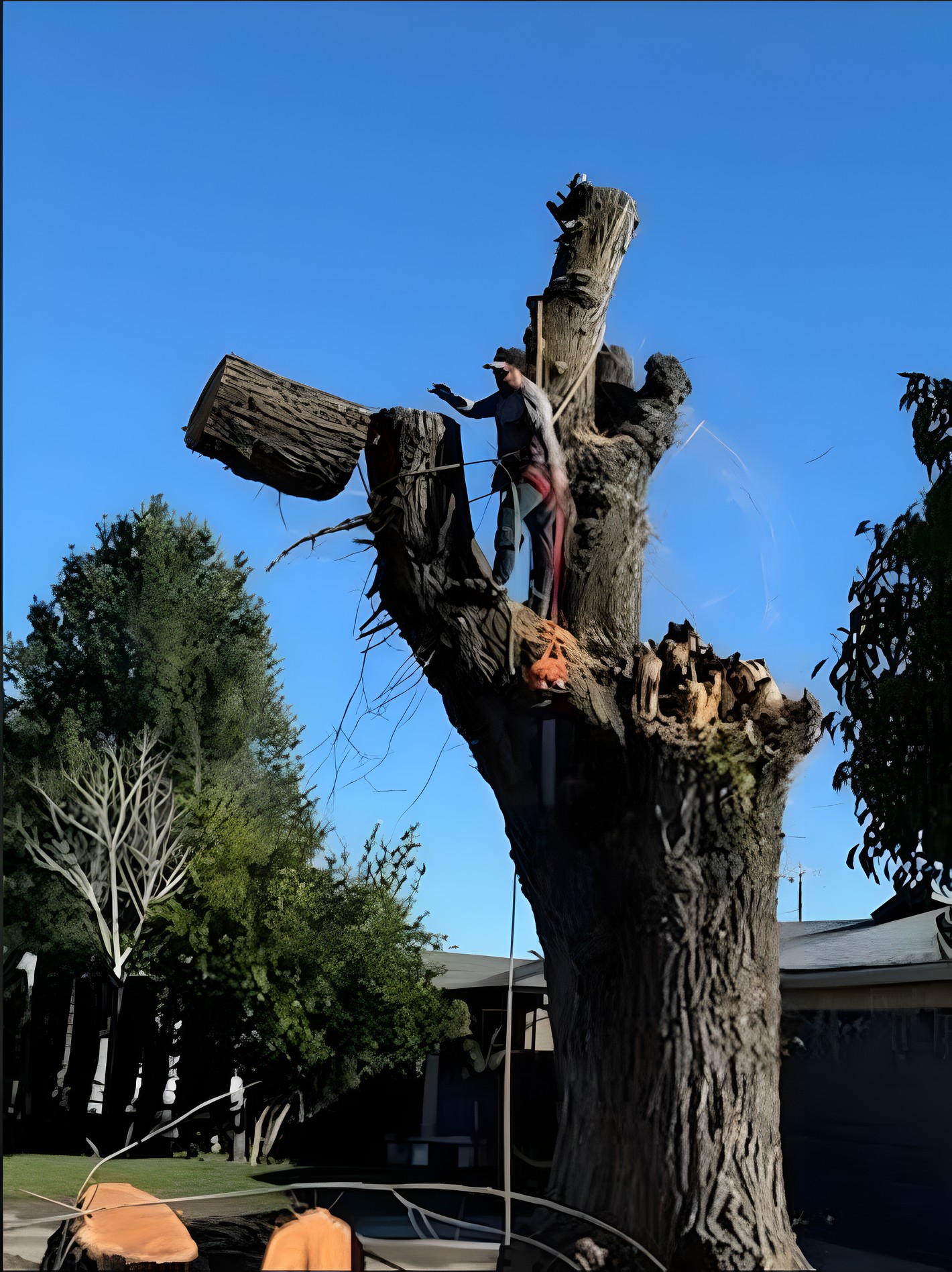 A climber standing in a large tree during a sectional removal, with cut rounds on the ground